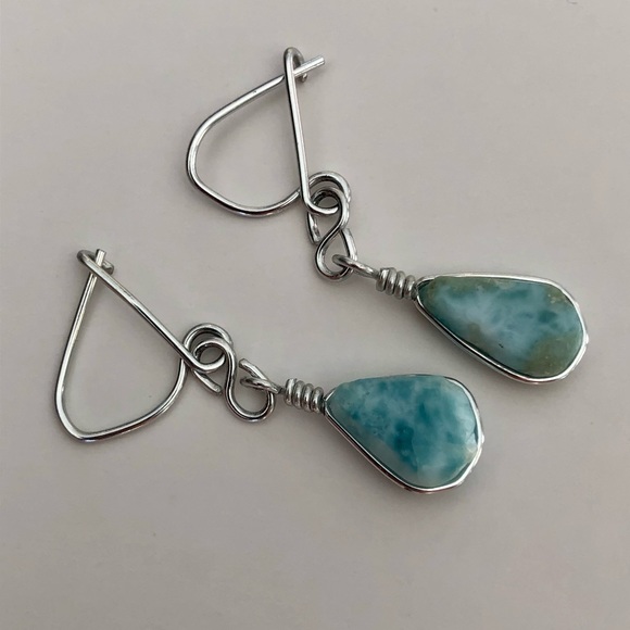 Handmade Turquoise Silver Metal Bracelet and Hook Earring Set US Virgin Islands - Picture 3 of 3